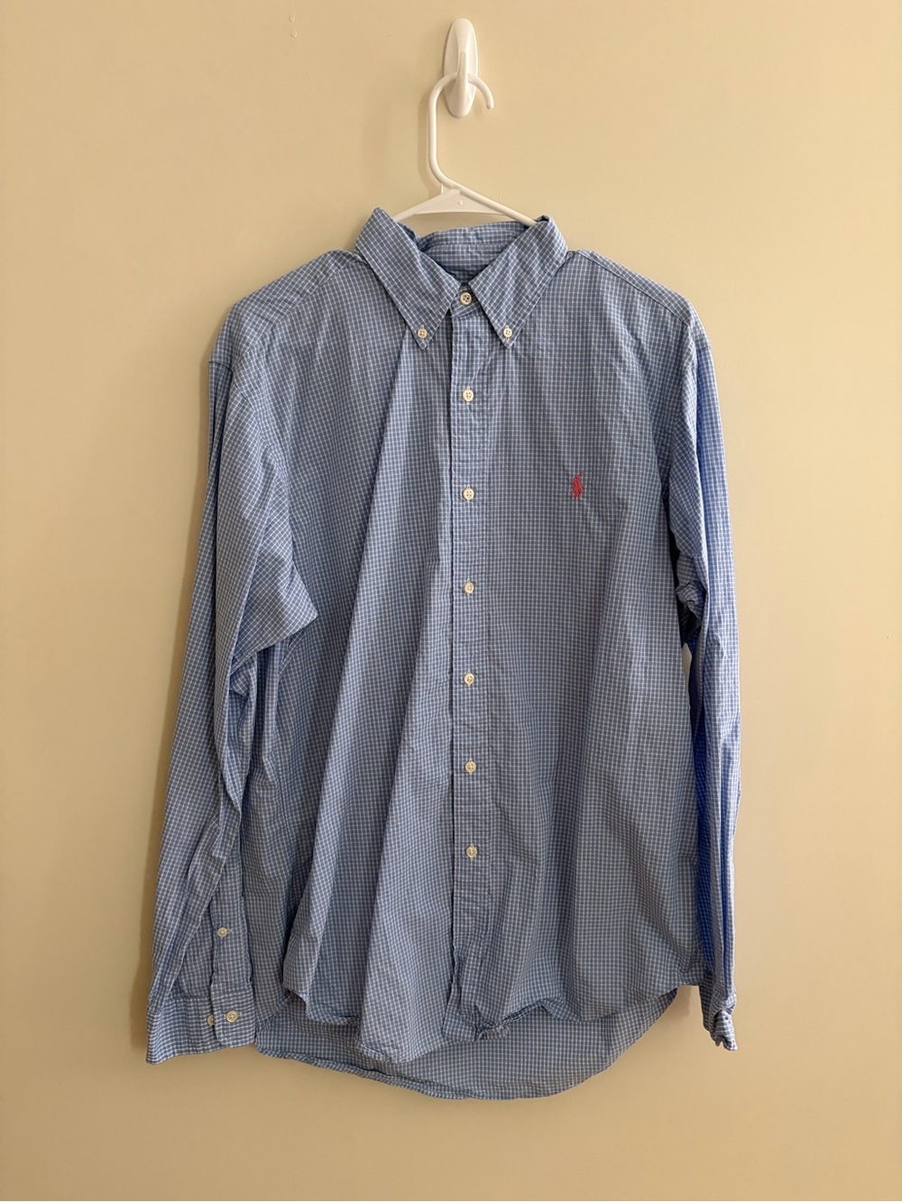 Ralph Lauren Light Blue Mini Check Button-Down Shirt with Pink Pony